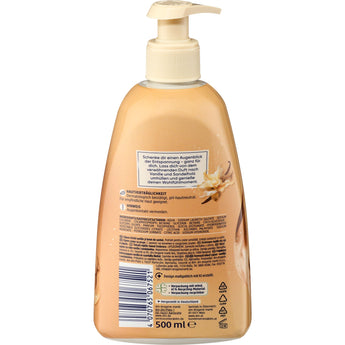 Balea Cremeseife Sweet Embrace 500 ml Flüssigseife in beiger Flasche mit Pumpspender und Vanilleblüten-Design auf der Rückseite.