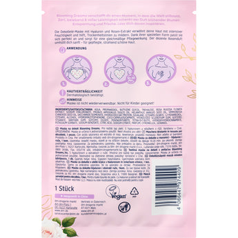 Rückseite der Balea Dekolleté Tuchmaske in Herzform mit Anwendungshinweisen, Inhaltsstoffen und veganem Logo auf rosa Verpackung.