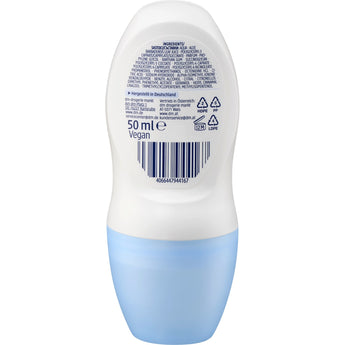 Rückseite des Balea Deo Roll-on Sensitive 50 ml mit Inhaltsstoffen, Barcode und hellblauem Verschluss auf weißem Flakon.