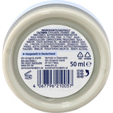 Unterseite eines Balea Deocreme Sensitive Tiegels mit Inhaltsstoffen, Barcode und 50 ml Füllmenge auf weißem Etikett.