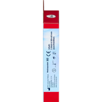 Seitenansicht der rot-weißen Balea Druckstellen Pflaster Verpackung mit Produktinformationen und Anwendungshinweisen.