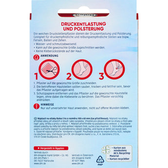 Rückseite der Balea Druckstellen Pflaster Verpackung mit Anwendungshinweisen, Illustrationen und Produktinformationen.