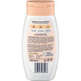 Rückseite der Balea Soft-Öl Dusche 300 ml Flasche mit Inhaltsstoffen, Anwendungshinweisen und beigem Klappdeckel.