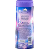 Rückseite der Balea Duschgel Luminous Joy Flasche mit violettem Deckel, 300 ml Inhalt und detaillierten Produktinformationen.