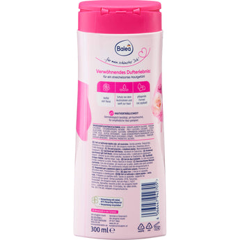 Rückseite der Balea Duschgel Soft Roses Flasche mit 300 ml, Inhaltsstoffen und Produktinformationen auf weißem Hintergrund.