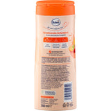 Rückseite der Balea Duschgel Sunny Fruits Flasche mit 300 ml Inhalt, Inhaltsstoffen und Produktinformationen auf Pfirsichfarben.