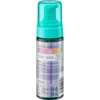 Balea Kinder Duschschaum Bubble Party 150 ml in einer schillernden Flasche mit türkisfarbenem Pumpspender.