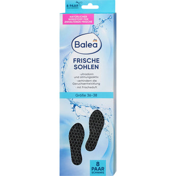 Balea Frischesohlen in Schwarz, Größe 36-38, 8 Paar atmungsaktive und ultradünne Einlegesohlen in der Produktverpackung.