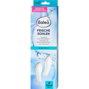 Balea Frischesohlen in Weiß, 8 Paar Einlegesohlen für Schuhgrößen 39-41 in blauer Verpackung mit Wasser-Design.