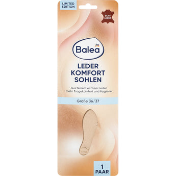Balea Leder Komfort Einlegesohlen in Größe 36/37 aus perforiertem Echtleder in beiger Verpackung.