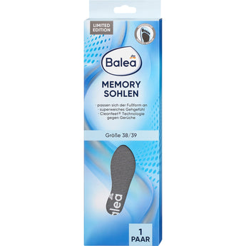 Balea Memory Foam Einlegesohlen in Größe 38/39, graue weiche Schuhsohlen in blauer Produktverpackung.