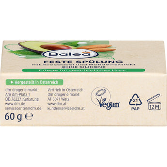 Balea fester Conditioner mit Avocadoöl und Mandel-Extrakt in beiger 60g-Verpackung mit Vegan-Siegel und Produktinformationen.