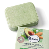 Hellgrünes, rechteckiges Balea Festes Shampoo mit Avocadoöl und Mandel-Extrakt in nachhaltiger Verpackung.