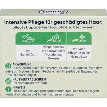 Rückseite der Balea Festes Shampoo Verpackung mit Anwendungshinweisen, Inhaltsstoffen und Icons für Avocado- und Mandelöl.