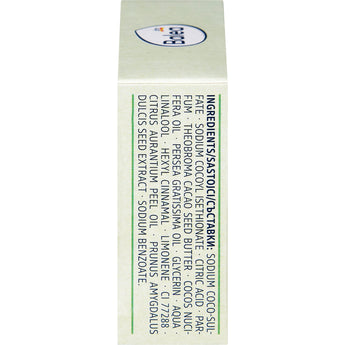 Rückseite der hellgrünen Balea Festes Shampoo Verpackung mit aufgedruckter Inhaltsstoffliste und Balea-Logo.