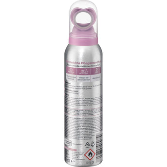 Silberne Balea Finishing Spray Glow & Care Aerosoldose mit violettem Sprühkopf und detaillierten Produktinformationen.