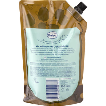Balea Flüssigseife Eukalyptus & Lotus Nachfüllbeutel 500 ml mit hellblauem Etikett und schwarzem Schraubverschluss.
