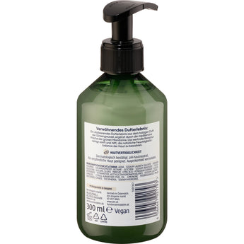 Rückseite einer 300 ml Balea Flüssigseife in grüner Kunststoffflasche mit schwarzem Pumpspender und Produktinformationen.