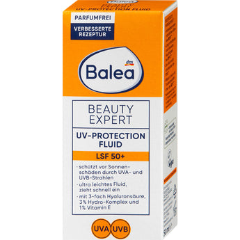 Balea Beauty Expert UV-Protection Fluid LSF 50+ in einer weißen 50ml-Verpackung mit orangefarbenen Akzenten und Hyaluronsäure.