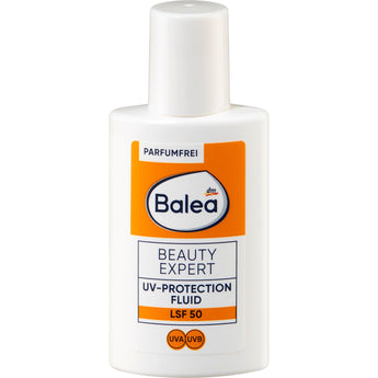Weiße 50 ml Balea Beauty Expert UV-Protection Fluid Flasche mit orangefarbenem Etikett und LSF 50 Aufdruck.
