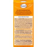 Rückseite der orangefarbenen Balea Beauty Expert UV-Protection LSF 50+ Verpackung mit detaillierten Produktinformationen.
