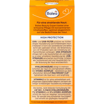 Rückseite der orangefarbenen Balea Beauty Expert UV-Protection LSF 50+ Verpackung mit detaillierten Produktinformationen.