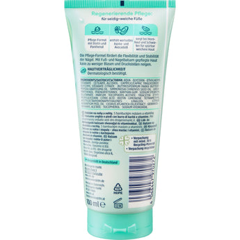 Rückseite der 100 ml Balea Fuß- & Nagelbalsam Tube in Mintgrün mit Inhaltsstoffen und Anwendungshinweisen.