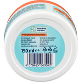 Unterseite der weißen 150 ml Balea Fußbutter Dose mit Inhaltsstoffen, Barcode und Recycling-Symbolen auf hellblauem Etikett.