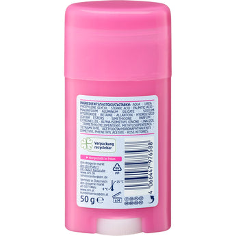 Rückseite des Balea Fußbalsam Sticks mit Urea in pinker 50g-Verpackung mit Inhaltsstoffen und Barcode.