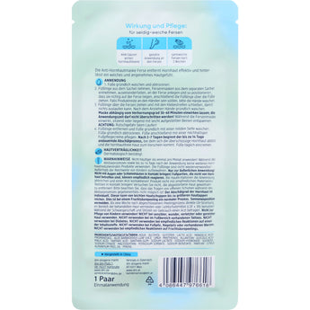 Rückseite der Balea Anti-Hornhautmaske mit Anwendungshinweisen, Inhaltsstoffen und Piktogrammen auf hellblauem Sachet.