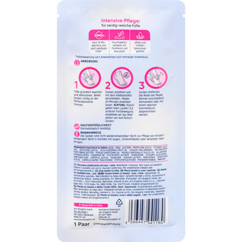 Rückseite der Balea Fußmaske Socken mit Urea, Anwendungshinweisen, Inhaltsstoffen und Symbolen auf weißem Hintergrund.
