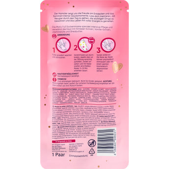 Rosa Balea Fußmaske Socken Verpackung mit Hamster-Motiv, Anwendungshinweisen und goldenen Herz-Symbolen auf der Rückseite.