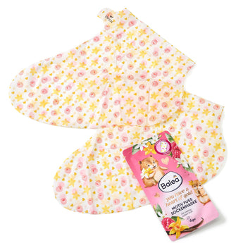 Balea Fußmaske Socken mit Hamster-Motiv und Himbeer-Jasmin-Muster sowie die passende pinke Produktverpackung.