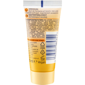 Rückseite der gelben Balea Q10 Anti-Falten Tagescreme Reisegröße 15 ml mit Inhaltsstoffen und Barcode.