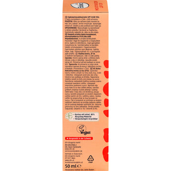 Rückseite der Balea be you Gesichtscreme mit LSF 30, 50 ml, in einer orangefarbenen Verpackung mit Produktinformationen.