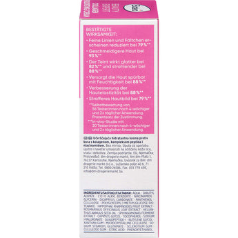 Rückseite der Balea Beauty Expert Collagen Boost Creme Verpackung mit Wirksamkeitsversprechen und Inhaltsstoffen.