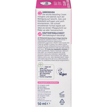 Rückseite der Balea Beauty Expert Collagen Boosting Cream Verpackung mit Anwendungshinweisen und veganem Logo.