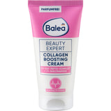 Weiße 50 ml Balea Beauty Expert Collagen Boosting Creme Tube mit rosa Akzenten und aufpolsternder Formel.
