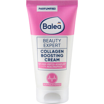 Weiße 50 ml Balea Beauty Expert Collagen Boosting Creme Tube mit rosa Akzenten und aufpolsternder Formel.