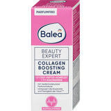 Balea Beauty Expert Collagen Boosting Cream in einer rosa-weißen 50 ml Faltschachtel mit parfumfreier Formel.