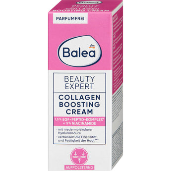 Balea Beauty Expert Collagen Boosting Cream in einer rosa-weißen 50 ml Faltschachtel mit parfumfreier Formel.