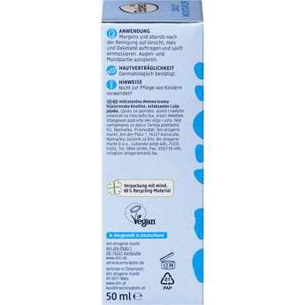 Balea Daily Moisturizer 50 ml Verpackungsseite mit Anwendungshinweisen, Vegan-Siegel und Recycling-Informationen.