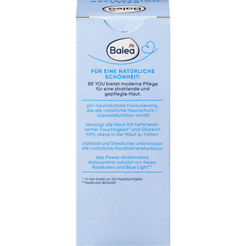 Hellblaue Balea Daily Moisturizer Be You Gesichtscreme Verpackung mit Produktinformationen und Inhaltsstoffen.