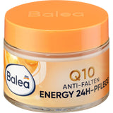 Balea Energy Q10 24h Gesichtscreme im 50 ml Glastiegel mit orangefarbenem Deckel und Anti-Falten-Pflegeetikett.