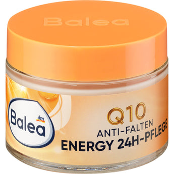 Balea Energy Q10 24h Gesichtscreme im 50 ml Glastiegel mit orangefarbenem Deckel und Anti-Falten-Pflegeetikett.