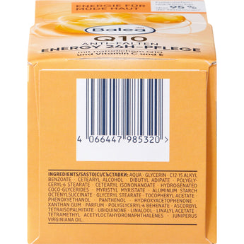 Rückseite der orangefarbenen Balea Energy Q10 24h Gesichtscreme Verpackung mit Barcode und Inhaltsstoffliste.