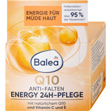 Balea Energy Q10 24h Gesichtscreme in orangefarbener 50 ml Faltschachtel mit Vitamin C und E Wirkkomplex.