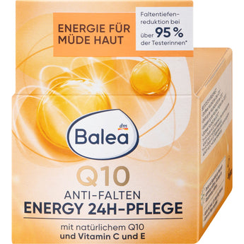 Balea Energy Q10 24h Gesichtscreme in orangefarbener 50 ml Faltschachtel mit Vitamin C und E Wirkkomplex.