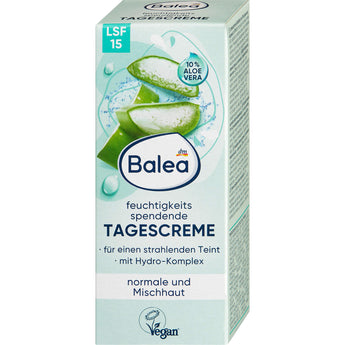 Balea feuchtigkeitsspendende Tagescreme mit LSF 15 und Aloe Vera in hellblauer 50 ml Verpackung für normale und Mischhaut.