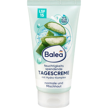 Balea feuchtigkeitsspendende Tagescreme in mintgrüner 50 ml Tube mit Aloe Vera Abbildung und LSF 15 für normale Haut.